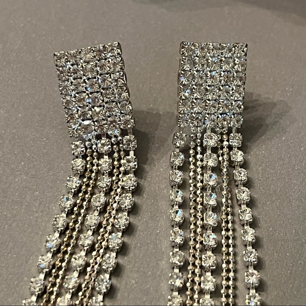 Rhinestone Tassel Drop Earrings - Bridal Wedding Holiday Formal - Picture 4 of 6